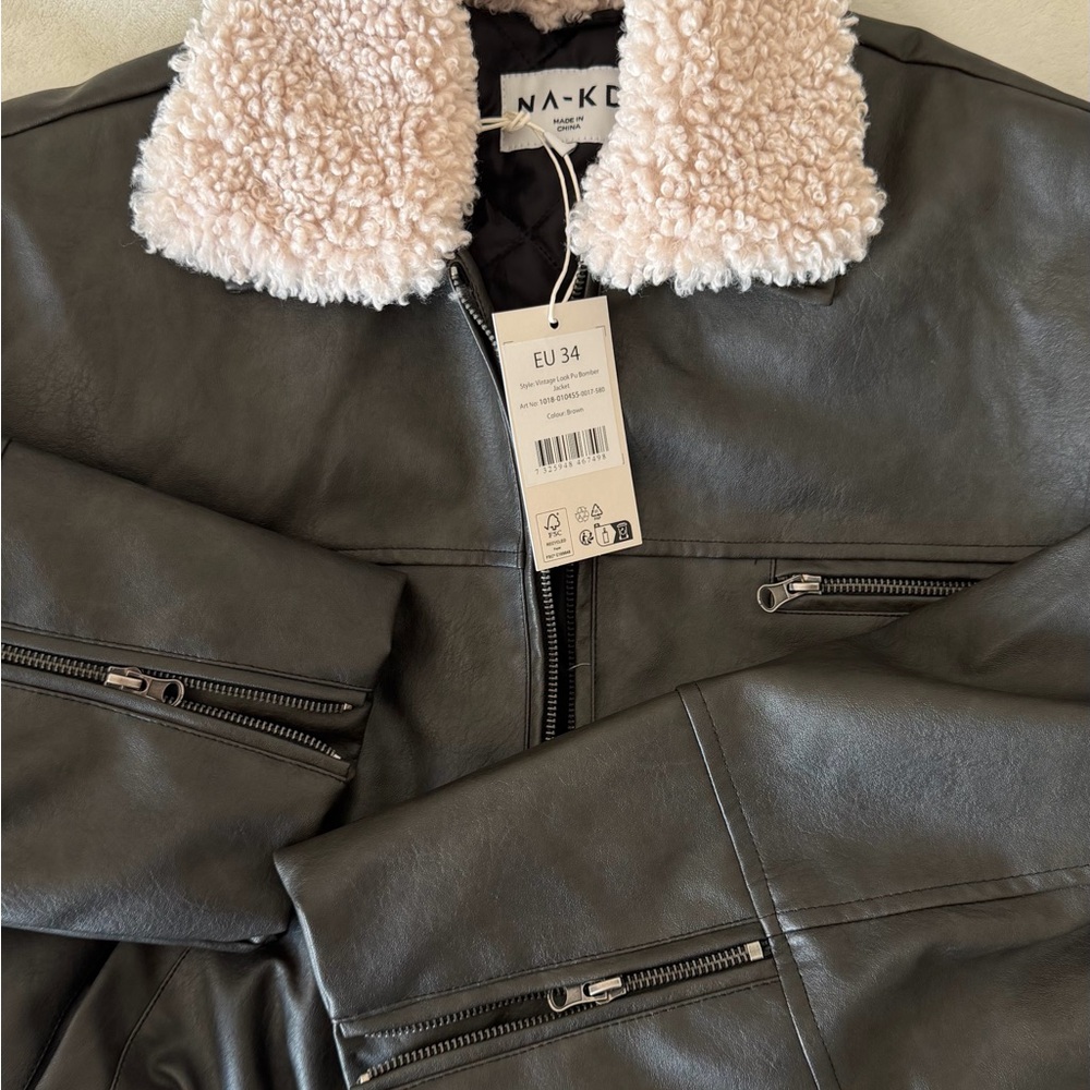 NWT NA-KD Brown Faux Leather Bomber Jacket with Sherpa Collar